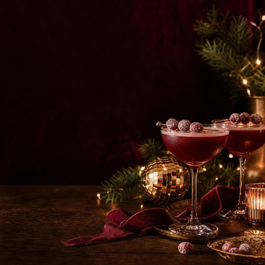 Illustrative festive still life of drinks, greenery and a disco bauble; not a photograph of No.3a